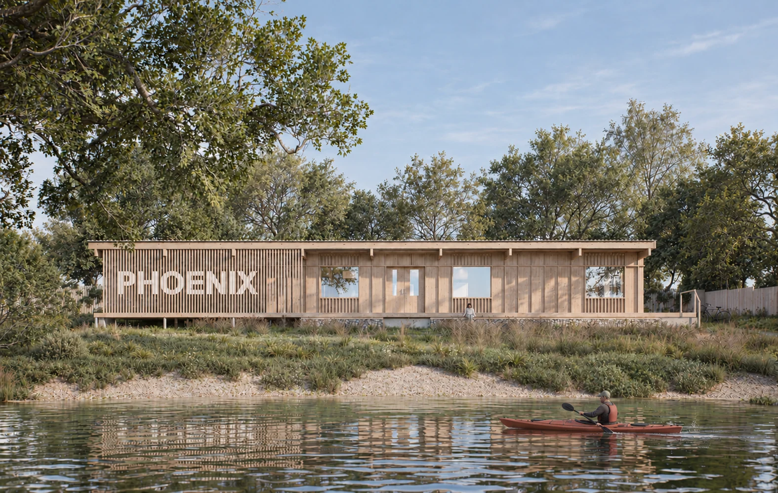 DOR Architects’ Phoenix Canoe Club facade, a timber building beside the river