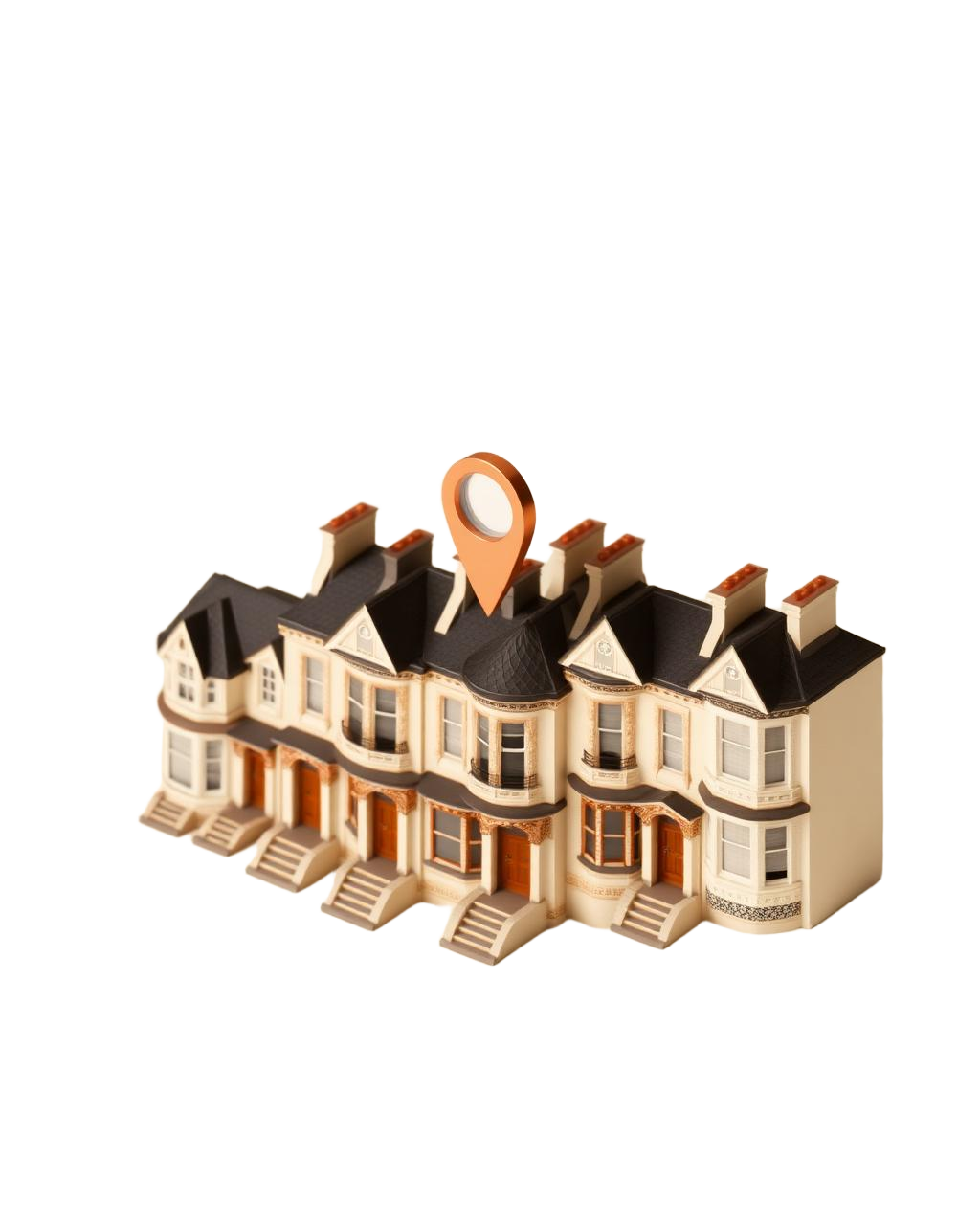 Isometric London terrace with map pin